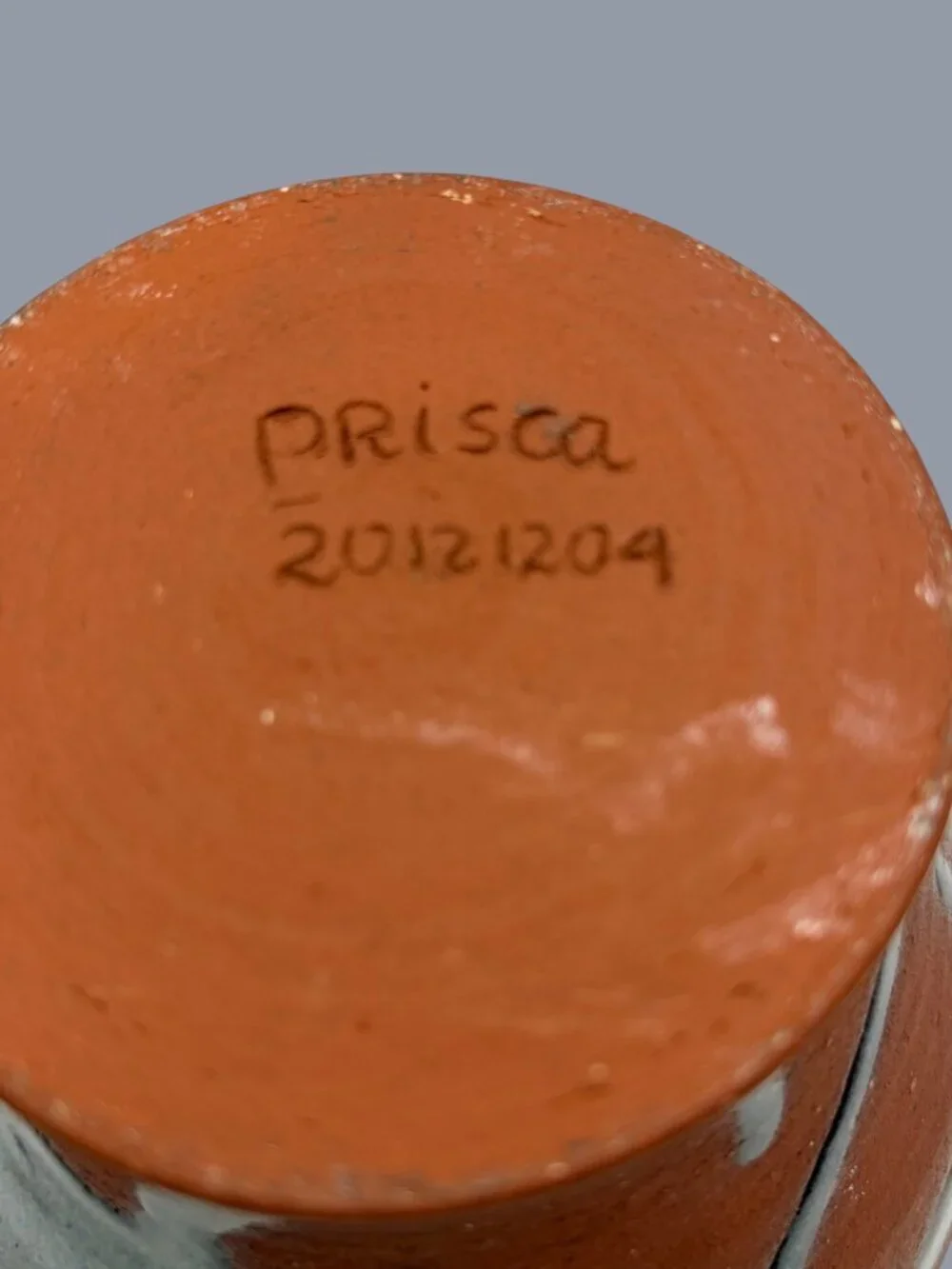 SIGNED Prisca Studio Pottery Vase Blue Drip Glaze Terracotta Art Ceramic 7.5”